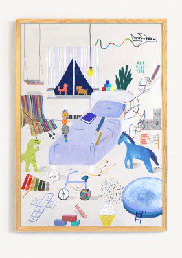 illustration of a childrens room, poster for baby announcement 