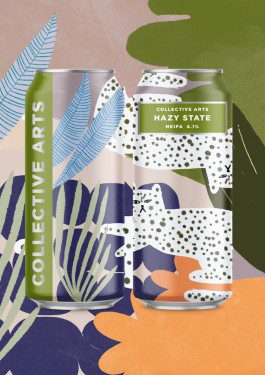 beer cans with illustrations of two cheetahs and plants 