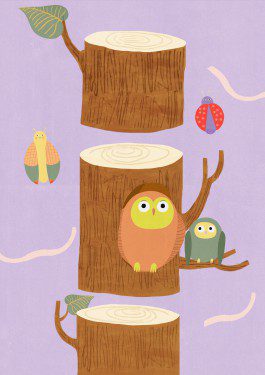 Illustration of a tree trunk with owls and insects. 