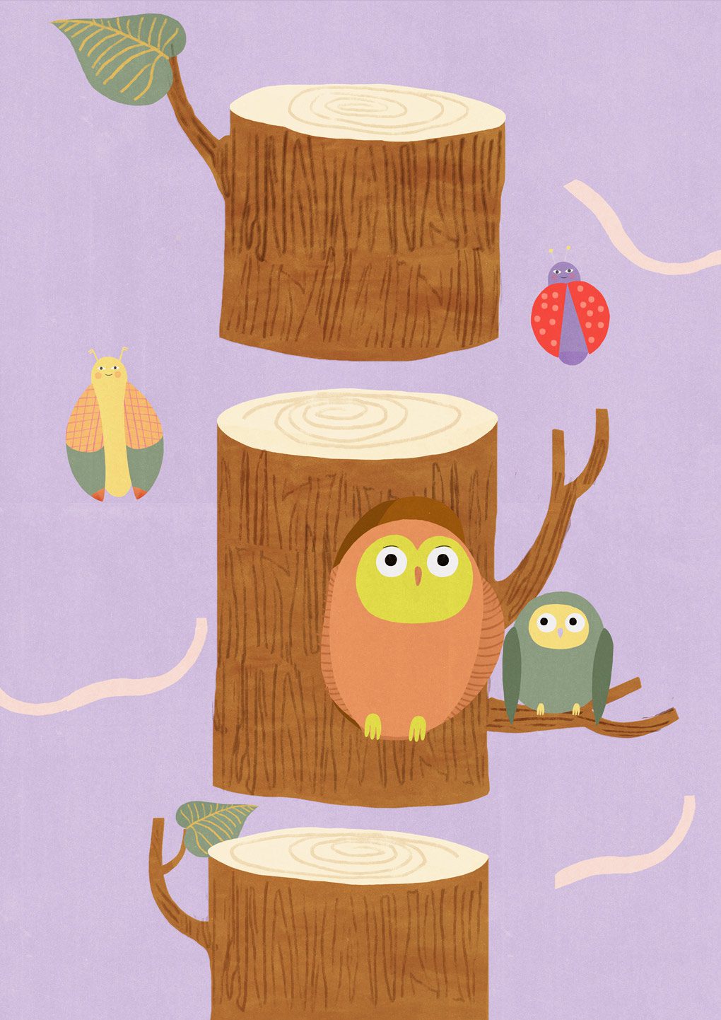 Illustration of a tree trunk with owls and insects.