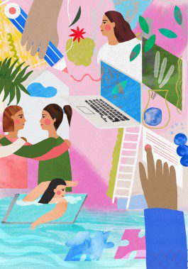 graphic work of woman in work environment, friendship and support 