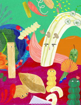 Colorful illustration of various noodle types 