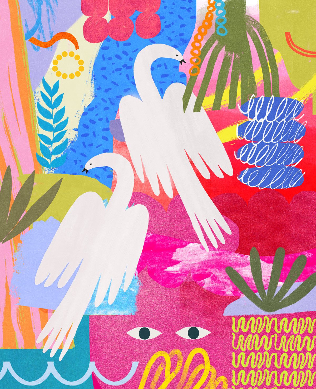 illustration of two swan surrounded by colorful abatract elements