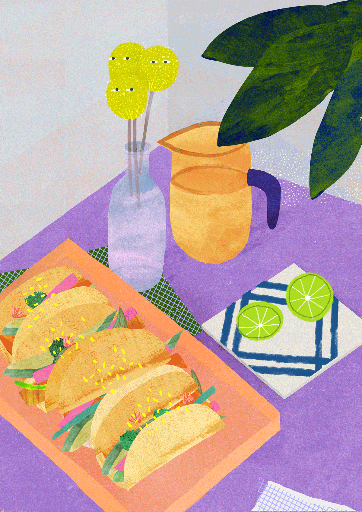 Taco illustration artwork by Anja Bartelt, showing tacos, limes, flowers, and a jug on a purple table. 
