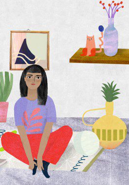 Drawing of a girl sitting in her room with some decorations surrounding her. 