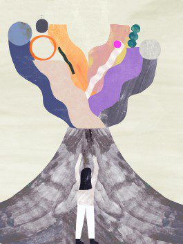 Illustration of a person reaching up towards a colorful eruption from a volcano 