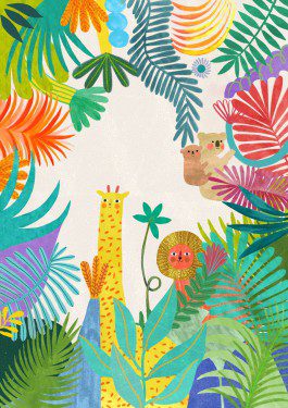 illustration of animals in a plant and flowers setting 