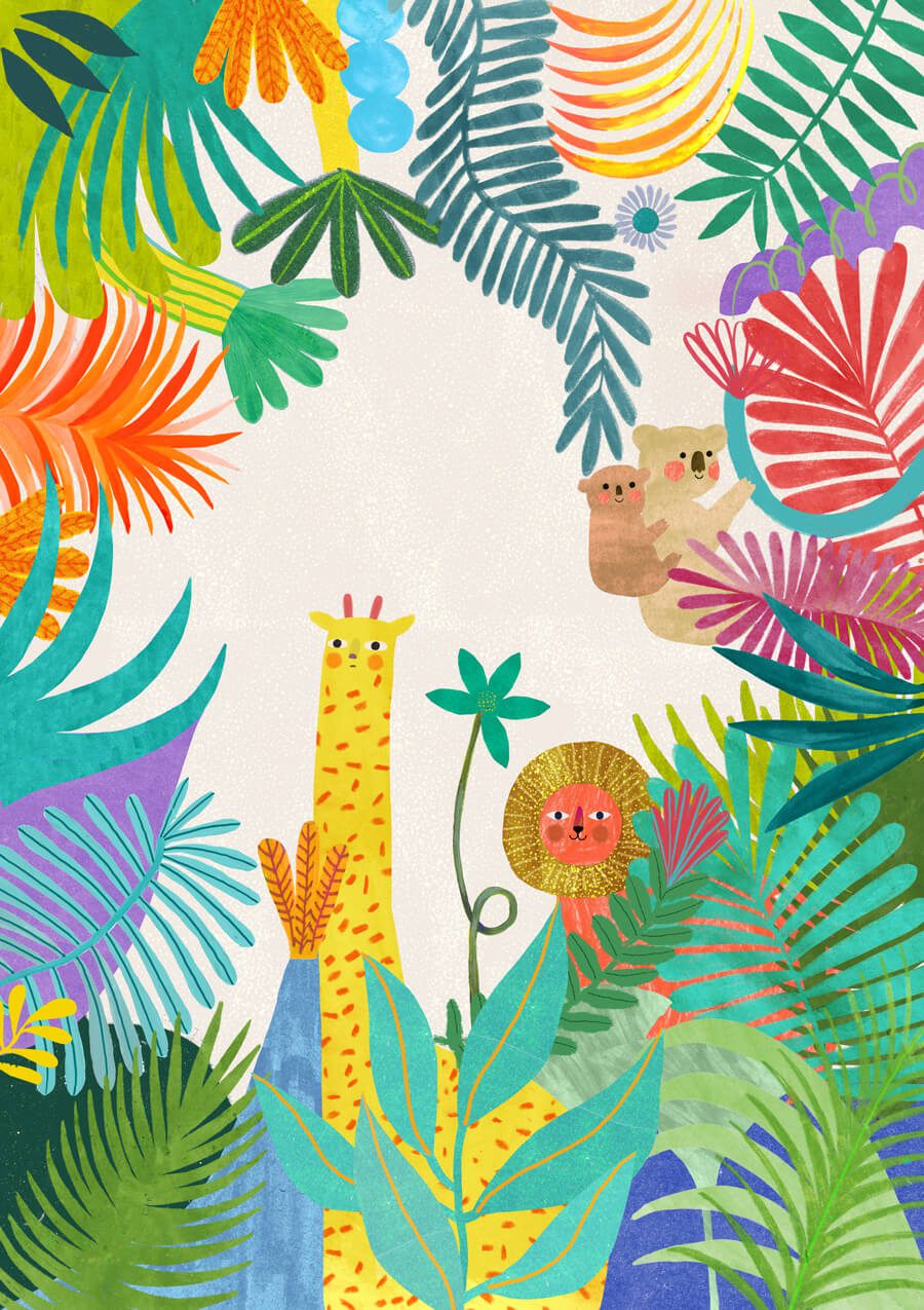 illustration of animals in a plant and flowers setting