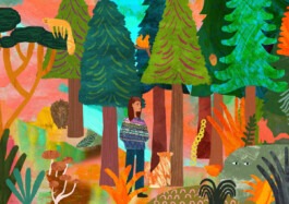 Colorful forest illustration by Anja Bartelt showing a girl in a patterned sweater with a dog, surrounded by trees, plants, and woodland animals 