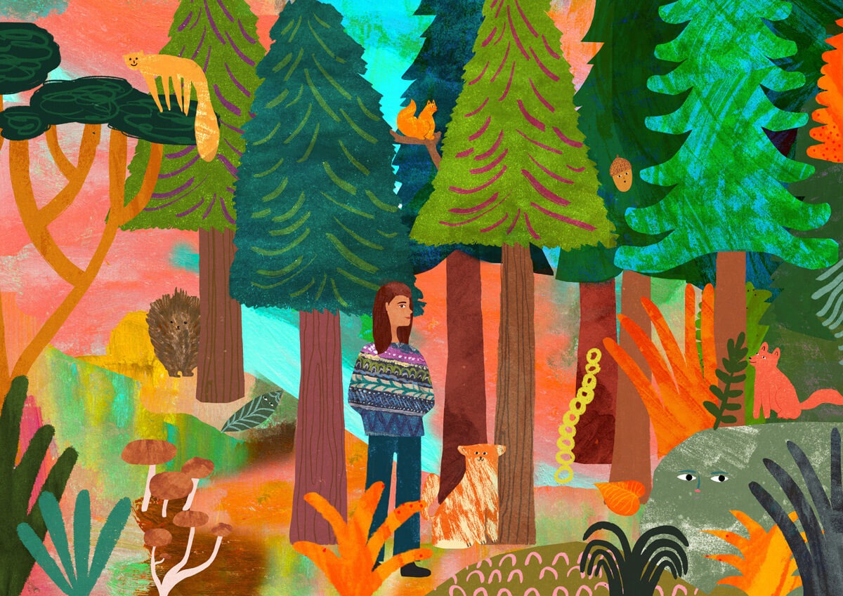 Colorful forest illustration by Anja Bartelt showing a girl in a patterned sweater with a dog, surrounded by trees, plants, and woodland animals