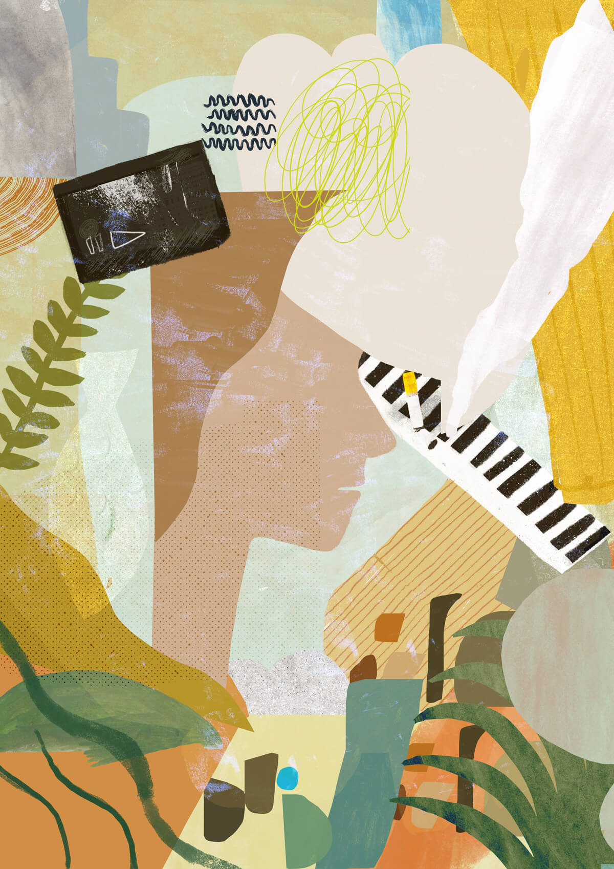 Abstract illustration by Anja Bartelt featuring a human profile, plants, and piano keys in a colorful collage style 