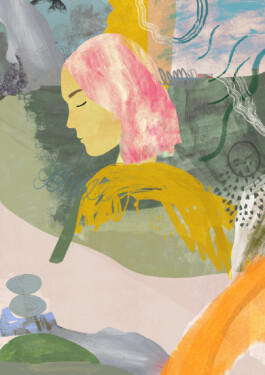 Colorful illustration by Anja Bartelt of a female figure with pink hair, abstract patterns, and natural elements 