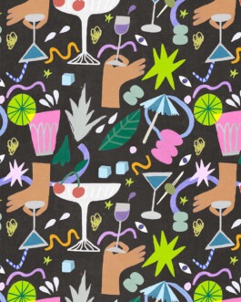 Colorful mocktail pattern illustration with cocktails, hands, and tropical shapes by Anja Bartelt 
