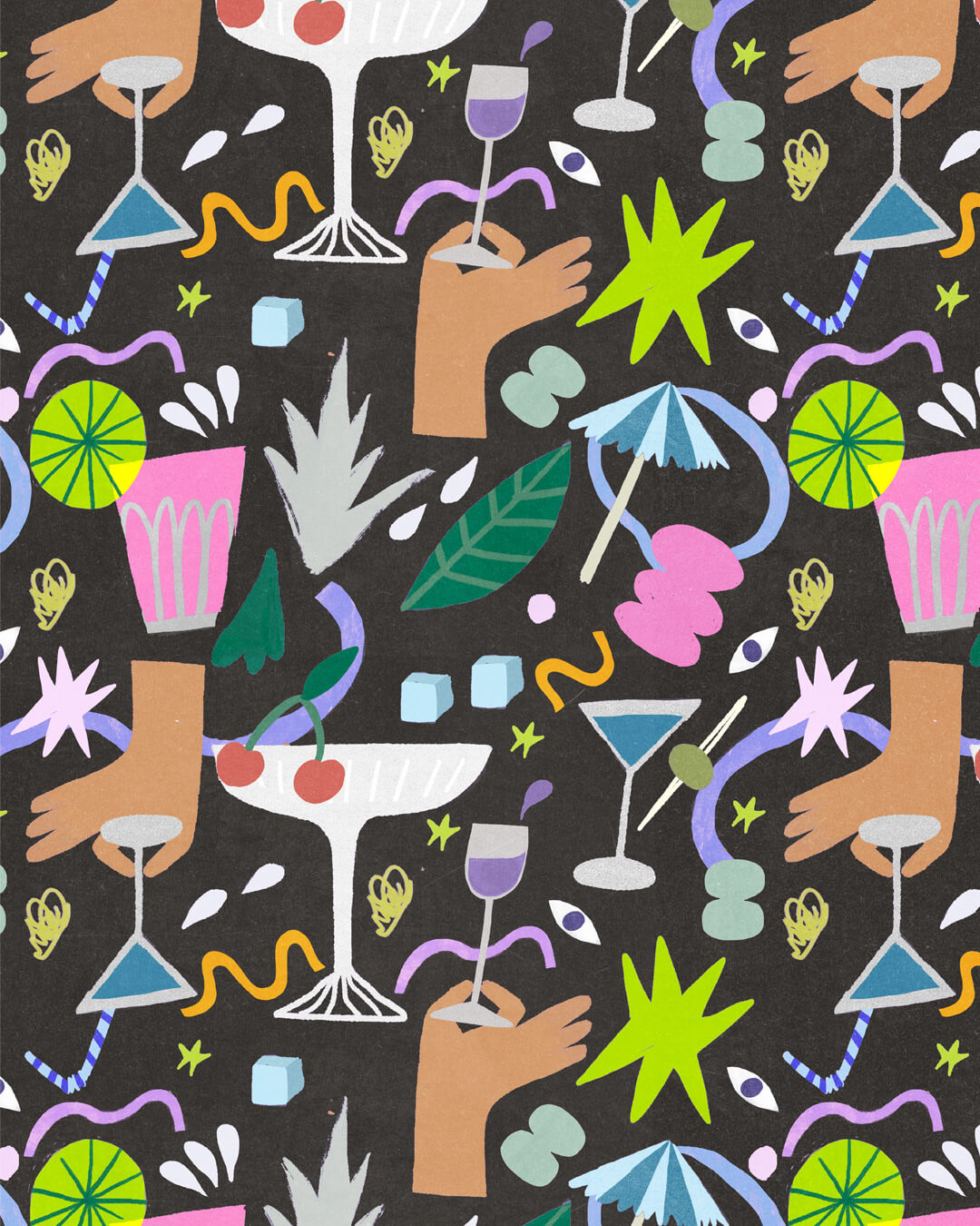 Colorful mocktail pattern illustration with cocktails, hands, and tropical shapes by Anja Bartelt