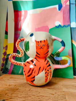Handmade ceramic vase with painted tiger and colorful handles by Anja Bartelt 