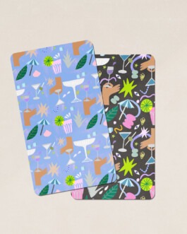 Colorful mocktail pattern illustration with cocktails, hands, and tropical shapes by Anja Bartelt 