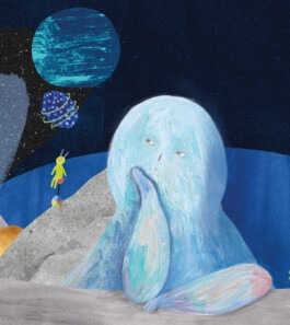 Illustration of a dreamy blue creature sitting on a moon-like surface, looking into space, with small planets and a green alien figure in the background. 