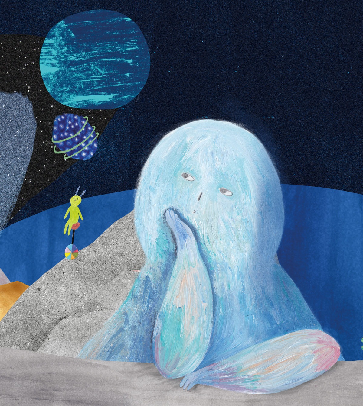 Illustration of a dreamy blue creature sitting on a moon-like surface, looking into space, with small planets and a green alien figure in the background.