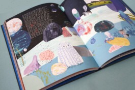 Illustration of alien creatures sitting on a moon-like surface, looking into space, with small planets and a green alien figure in the background. 